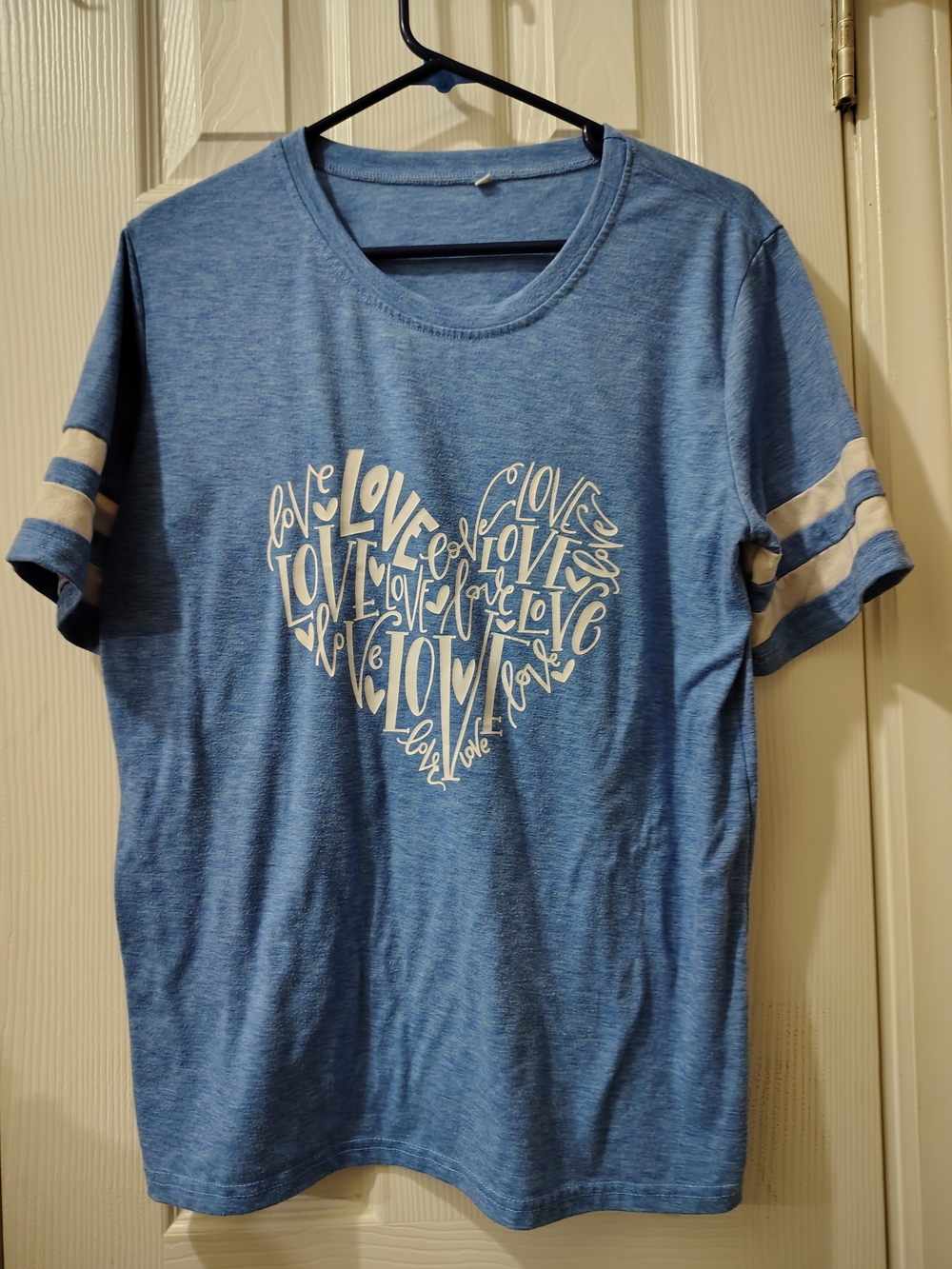 Women's Blue Heart Graphic Tee with Stripe Sleeves